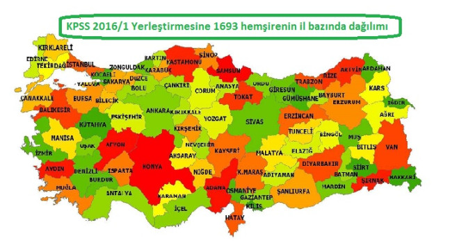 KPSS 2016/1 Yerleştirmesine 1693 hemşirenin il bazında dağılımı
